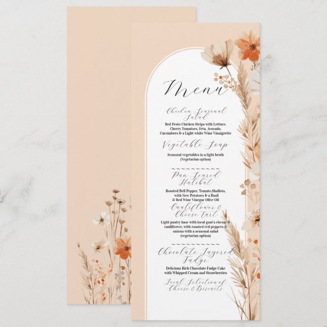 Boho Floral Peach Bohemian Flowers Menu Mariage (Devant / Derrière)