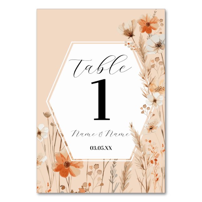 Boho Floral Peach Bohemisch Menu Tischnummern (Vorderseite)