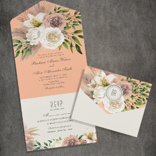Boho Floral Peach Fuzz Wedding All In One Einladung
