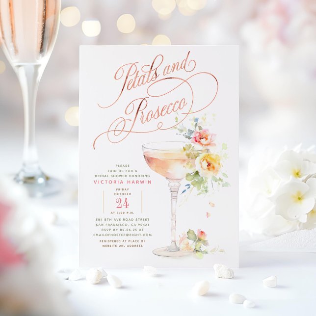 Boho Floral Petals und Prosecco Brautparty Einladung (Modern Floral Bridal Shower Invitations)