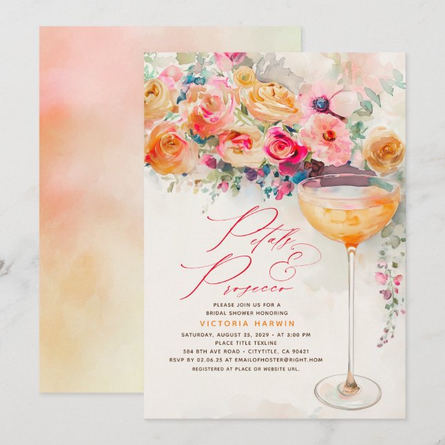 Boho Floral Petals und Prosecco Brautparty Einladung (Vorne/Hinten)