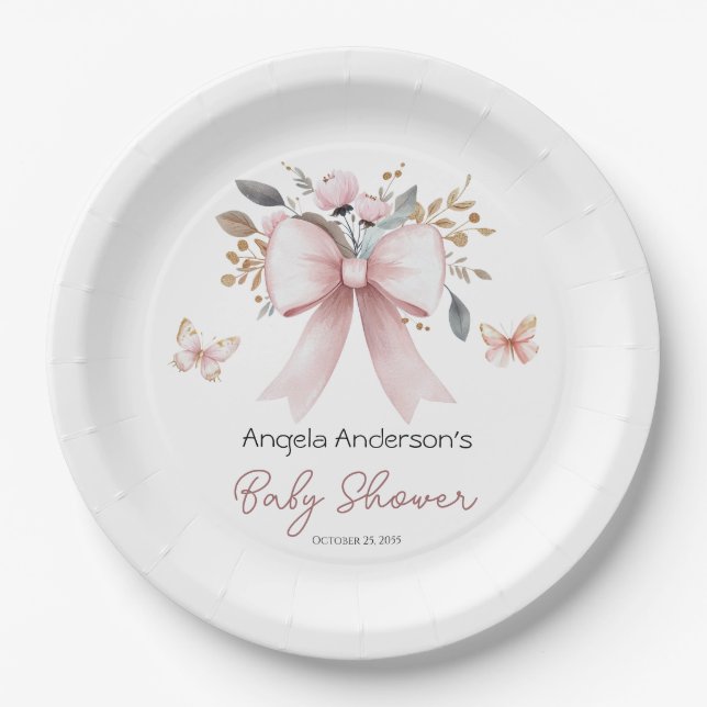 Boho Floral Pink Bow Girl Babydusche Pappteller (Vorderseite)
