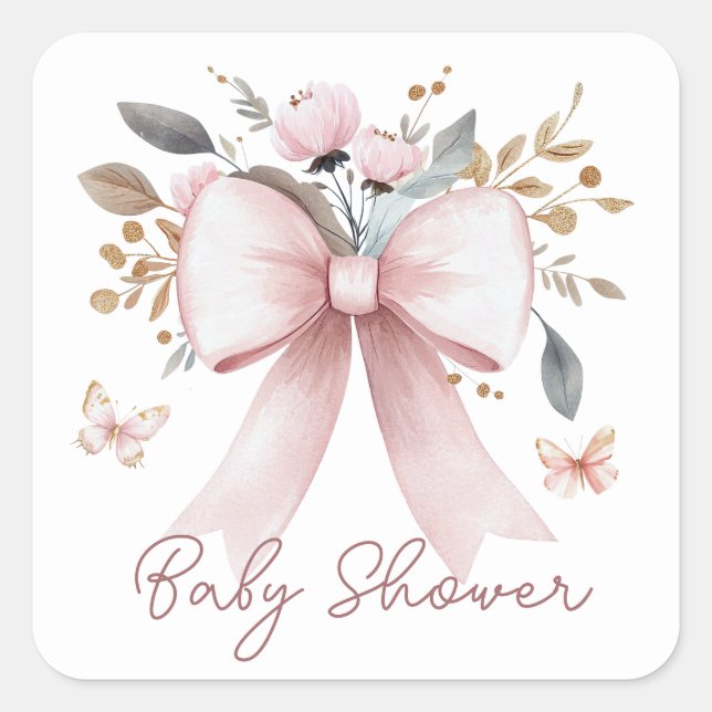 Boho Floral Pink Bow Girl Babydusche Quadratischer Aufkleber (Vorderseite)