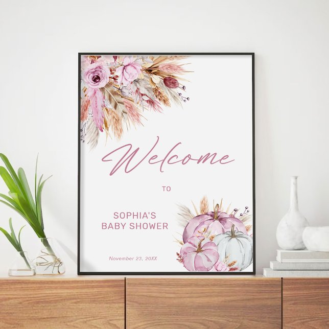 Boho Floral Pink Pumpkin Baby Dusche Willkommen Poster (Von Creator hochgeladen)