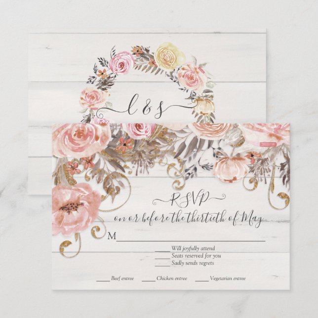 Boho Floral Pink Rose Rustic Wood UAWG Response RSVP Karte (Vorne/Hinten)