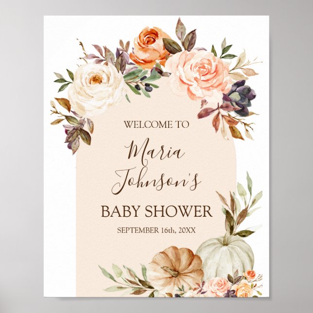 Boho Floral Pumpkin Baby Shower Girl Begrüßungszei Poster (Vorne)