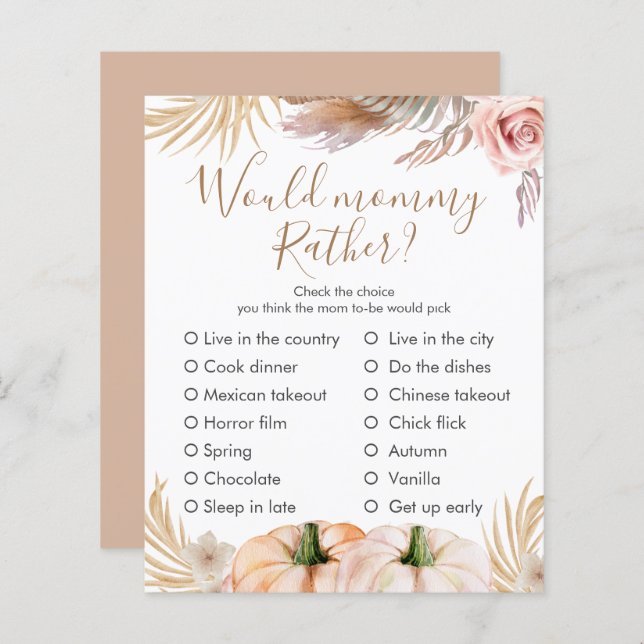 Boho Floral Pumpkin Fall Baby Dusche Custom Game (Vorne/Hinten)