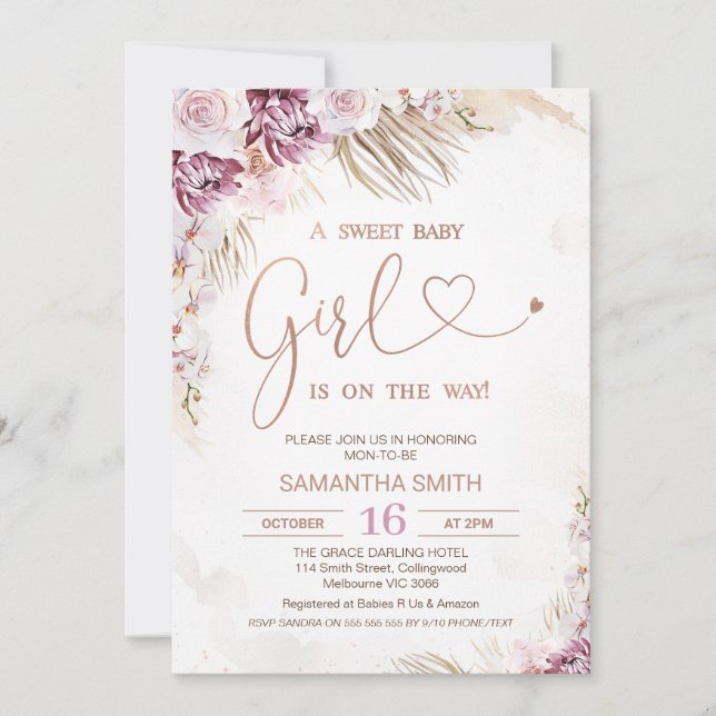 Boho Floral Purple Baby shower rose Invitation (Devant)