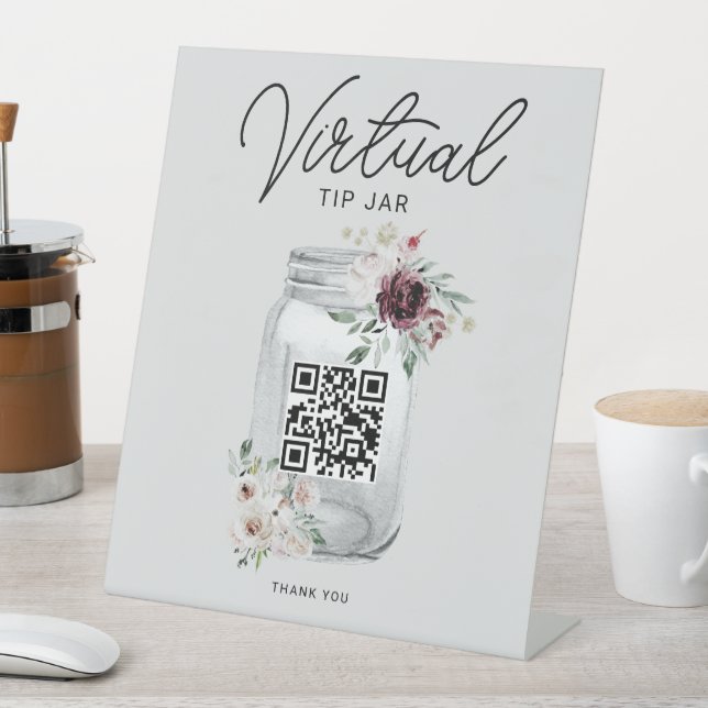 Boho Floral QR Code Virtual Tip Jar Pedestal Sign Sockelschild (In Situ)