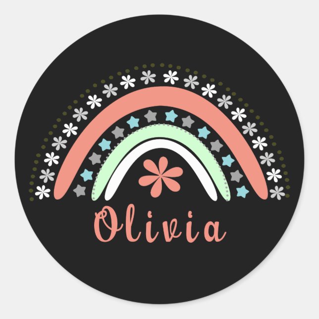 Boho Floral Rainbow mit Personalisiertem Namen Runder Aufkleber (Vorderseite)