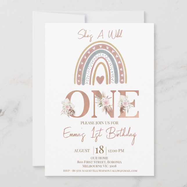 Boho Floral Rainbow Wild 1. Geburtstag Einladung (Vorderseite)