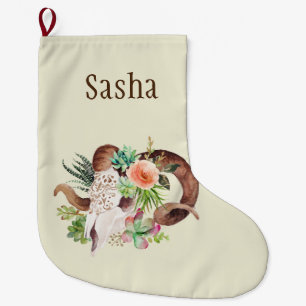 Boho Floral Ram Skull Personalisiert Großer Weihnachtsstrumpf