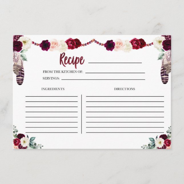 Boho Floral Rezeptkarte Begleitkarte (Vorderseite)