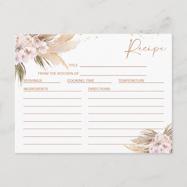 Boho Floral Rose Gold Brautparty Rezept Karte (Vorderseite)