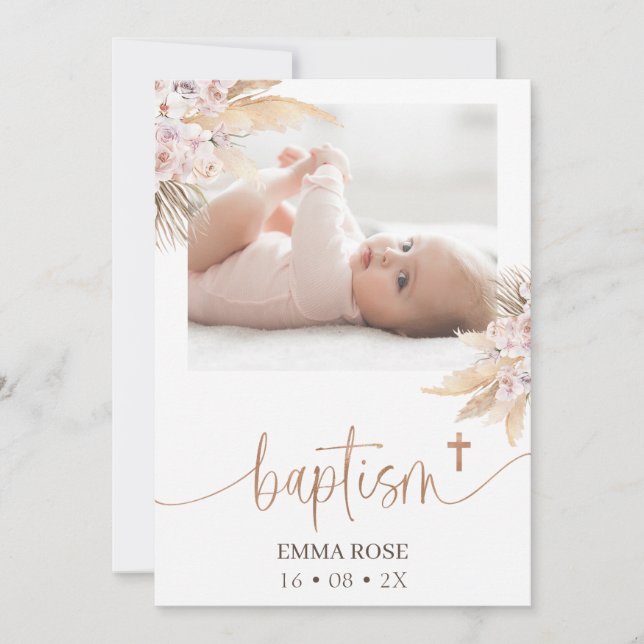 Boho Floral Rose Gold Kalligrafie Foto Taufe Einladung (Vorderseite)
