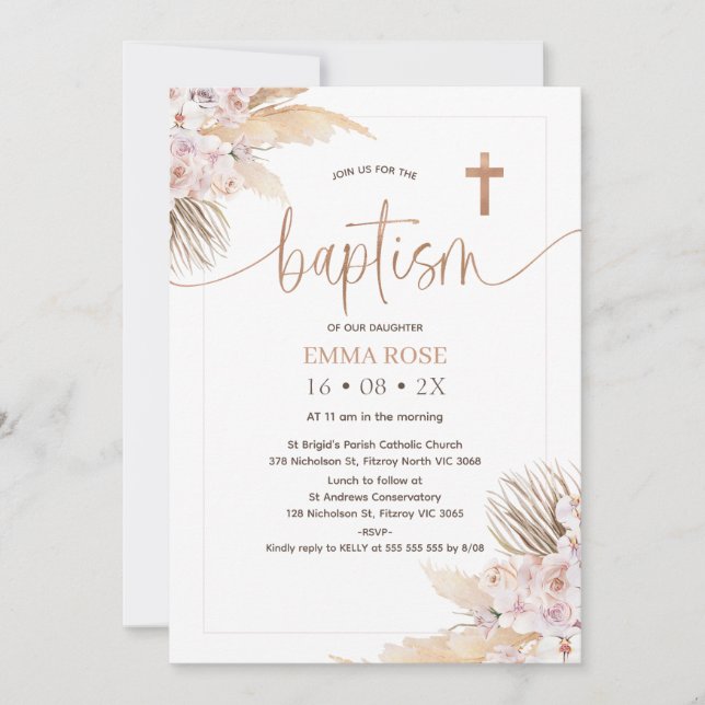 Boho Floral Rose Goldkalligrafie Taufe Einladung (Vorderseite)