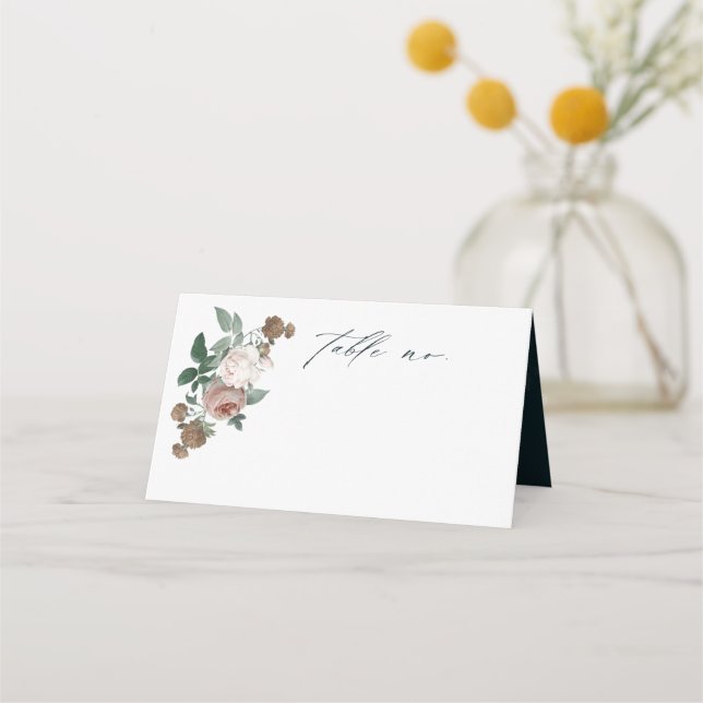 Boho Floral Rose Script Wedding Platzkarte (Vorderseite)