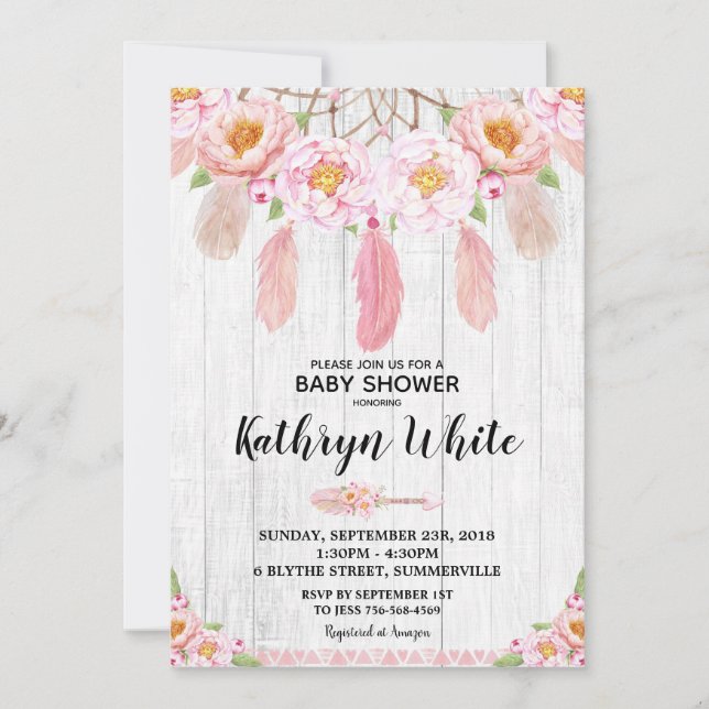 Boho Floral Rustic Baby Shower Invasion Girl Einladung (Vorderseite)