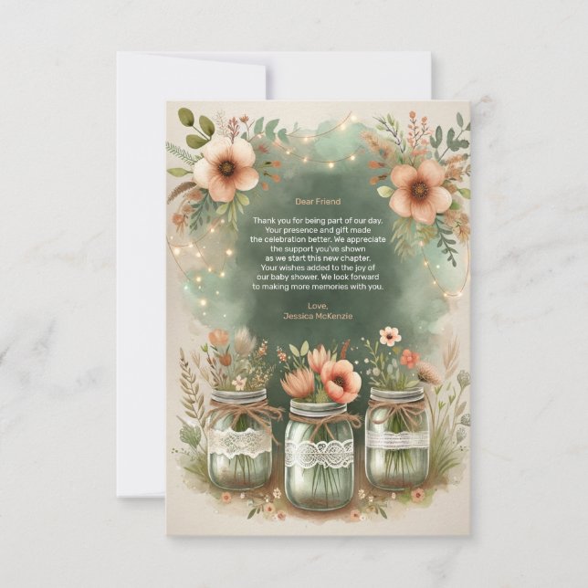 Boho Floral Rustic Floral Mason Jar Baby Dusche Dankeskarte (Vorderseite)