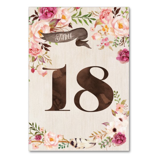 Boho Floral Rustic Mariage Numéro de table Carte 1 (Par défaut)