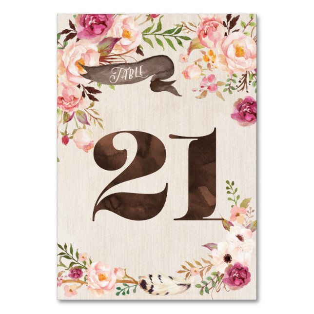 Boho Floral Rustic Mariage Numéro de table Carte 2 (Par défaut)