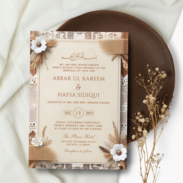 Boho Floral Rustic Monogram Islamic Wedding Einladung (Von Creator hochgeladen)