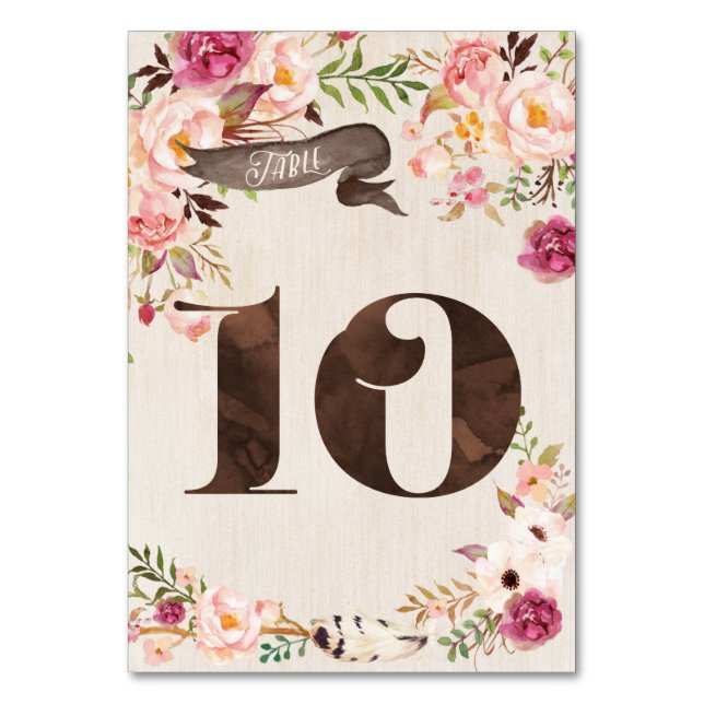 Boho Floral Rustic Wedding Tischnummer Card 10 (Vorderseite)