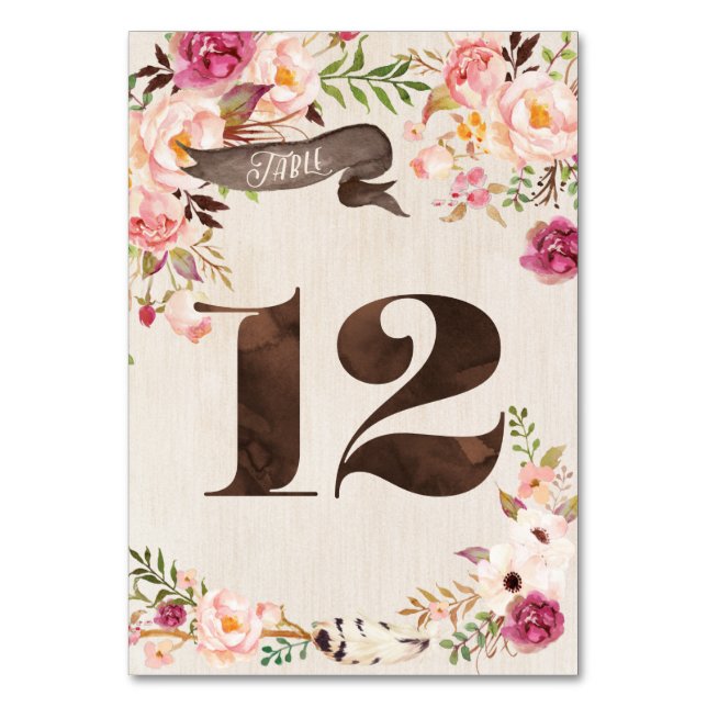 Boho Floral Rustic Wedding Tischnummer Card 12 (Vorderseite)