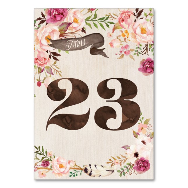 Boho Floral Rustic Wedding Tischnummer Card 23 (Vorderseite)