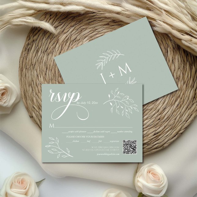 Boho Floral Sage Green Calligraphy QR-Code RSVP Karte (Von Creator hochgeladen)