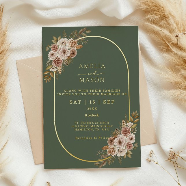 Boho Floral Sage Green und Gold Wedding Folieneinladung (Sage Green and Gold Foil Floral Boho Wedding Invitation)