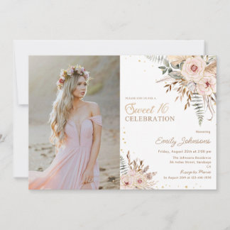 Boho Floral Script Gold Glitzer Sweet 16 Foto Einladung