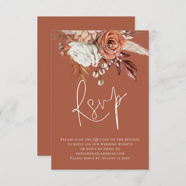 Boho Floral Script QR Code Terracotta Wedding RSVP (Vorne/Hinten)