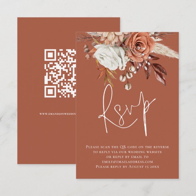 Boho Floral Script QR Code Terracotta Wedding RSVP Karte (Vorne/Hinten)