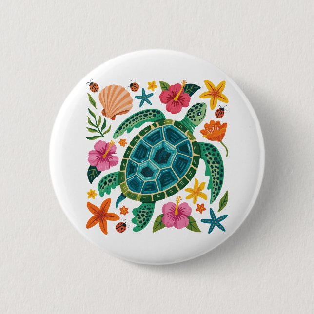 Boho Floral Sea Turtle Button (Vorderseite)