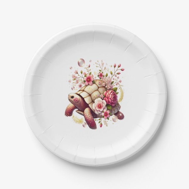Boho Floral Sea Turtle Pink Blossom Pappteller (Vorderseite)