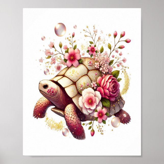 Boho Floral Sea Turtle Pink Blossom Poster (Vorne)