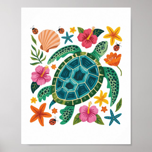 Boho Floral Sea Turtle Poster (Vorne)