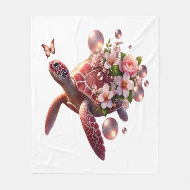 Boho Floral Sea Turtle, rosa Blossom Fleecedecke (Vorderseite)