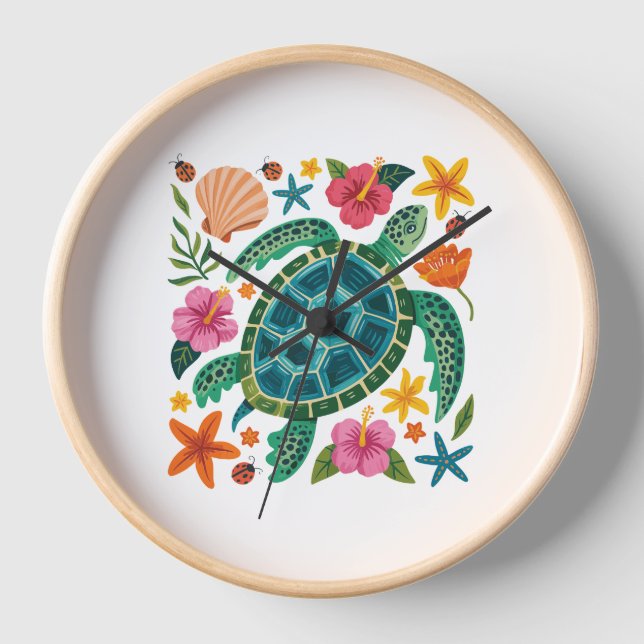 Boho Floral Sea Turtle Uhr (Vorderseite)
