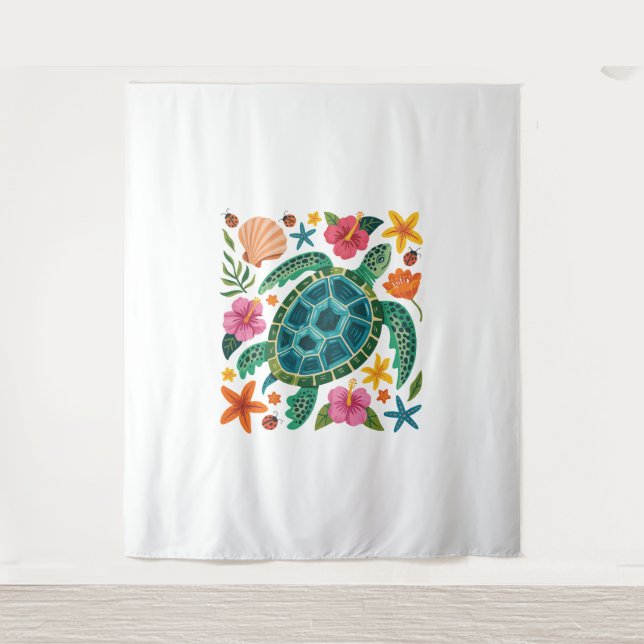 Boho Floral Sea Turtle Wandteppich (Vorderseite)