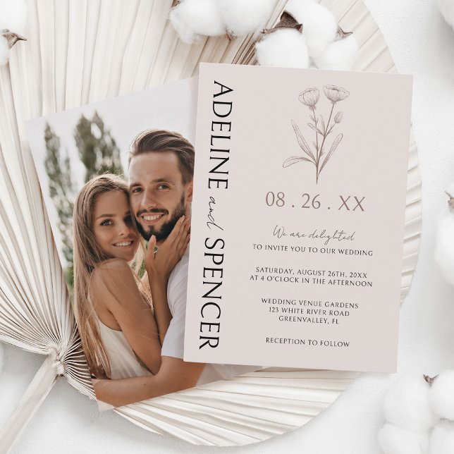 Boho Floral Sketch Modernes Foto Hochzeit Einladung (Von Creator hochgeladen)