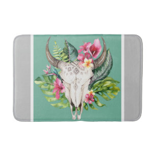 Boho Floral Skull Aquamarin & Chic Gray Modern Gla Badematte