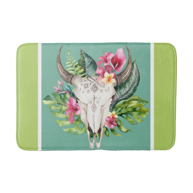Boho Floral Skull Aquamarin und grün hell bunt Badematte (Vorderseite)