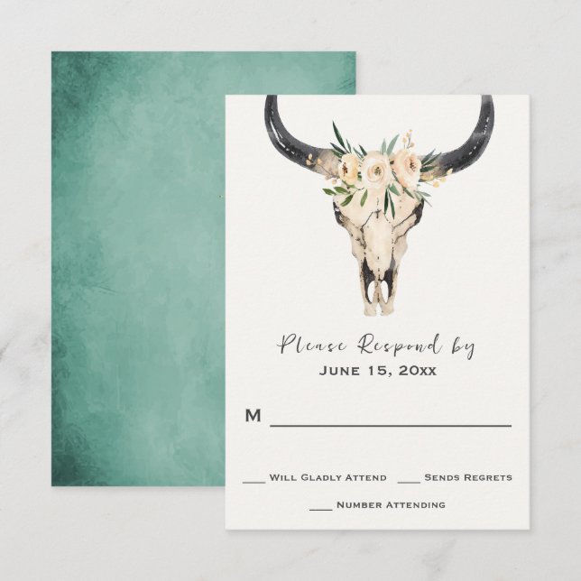 Boho Floral Skull auf Türkis Background Wedding RSVP Karte (Vorne/Hinten)