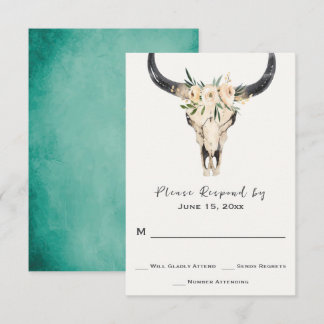 Boho Floral Skull auf Türkis Background Wedding RSVP Karte