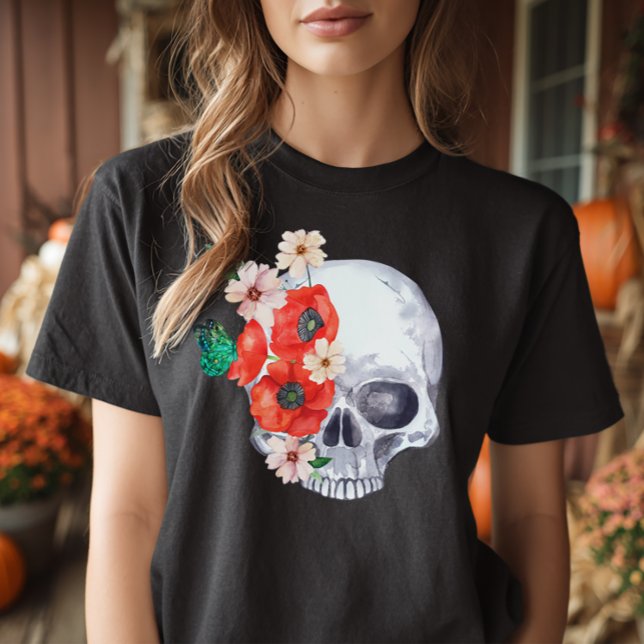 Boho Floral Skull T - Shirt (Boho Halloween Skull Shirt)
