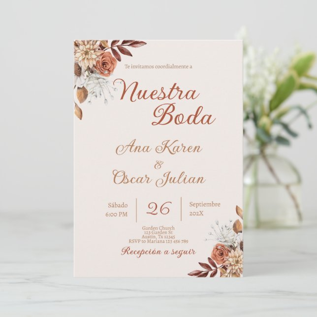 Boho Floral Spanish Wedding Einladung (Stehend Vorderseite)
