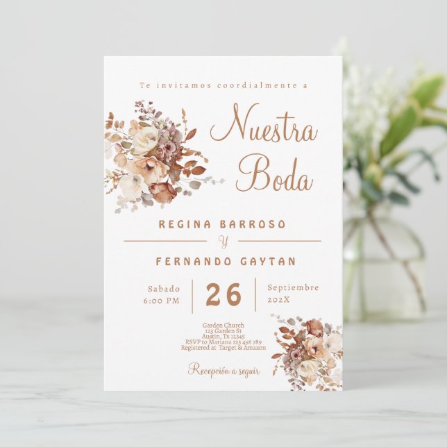 Boho Floral Spanish Wedding Einladung (Stehend Vorderseite)