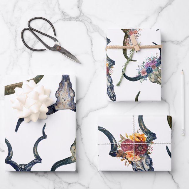 Boho Floral Stag Horn Pattern Geschenkpapier Set (Vorderseite)